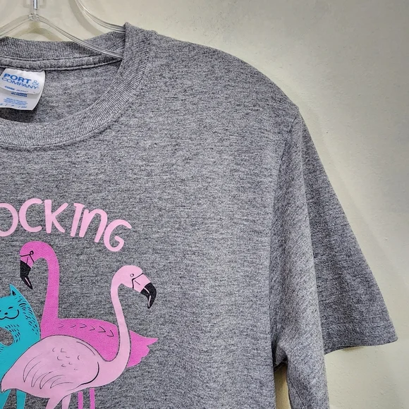 Port & Company Flocking Fabmewlous  cat flamingo graphic short sleeve tshirt  S - Picture 6 of 8